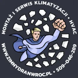 Ilustracja logo firmy z superbohaterem oferującej montaż i serwis klimatyzacji, z adresem strony internetowej i numerem telefonu.