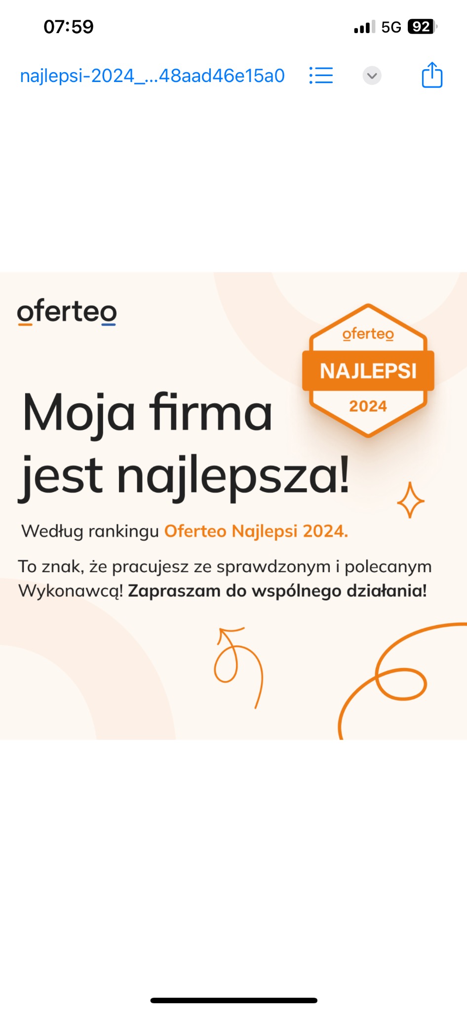 Grafika reklamowa Oferteo Najlepsi 2024 z tekstem 'Moja firma jest najlepsza!' i logotypem Oferteo.