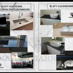 Kolaż prezentujący blaty kuchenne i łazienkowe z różnymi rodzajami zlewów, w tym zlew zintegrowany i umywalki nablatowe, w różnych aranżacjach wnętrz.