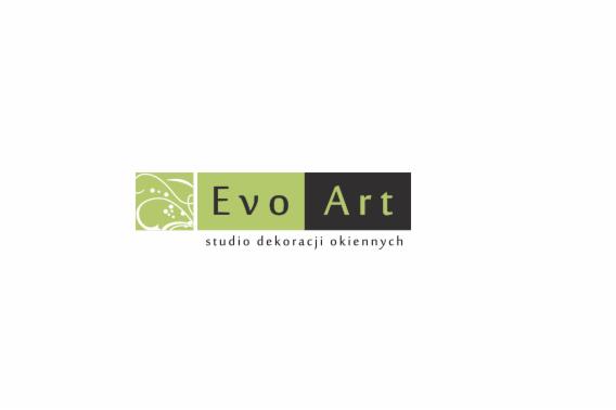 Logo firmy Evo Art, studio dekoracji okiennych, z zielonymi i czarnymi prostokątami oraz motywem roślinnym.