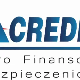 Logo firmy 'Acredito Biuro Finansowo Ubezpieczeniowe' z dużą literą A w kolorze niebieskim z czerwoną kreską, niebieskim napisem i tekstem poniżej.