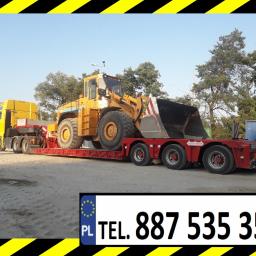 Trans Sp. z o.o. - Żółta ładowarka na czerwonej niskopodwoziowej naczepie ciągniętej przez żółtą ciężarówkę, widoczne drzewa w tle, ujęcie z boku, na dole ramka z numerem telefonu i oznaczeniem PL.