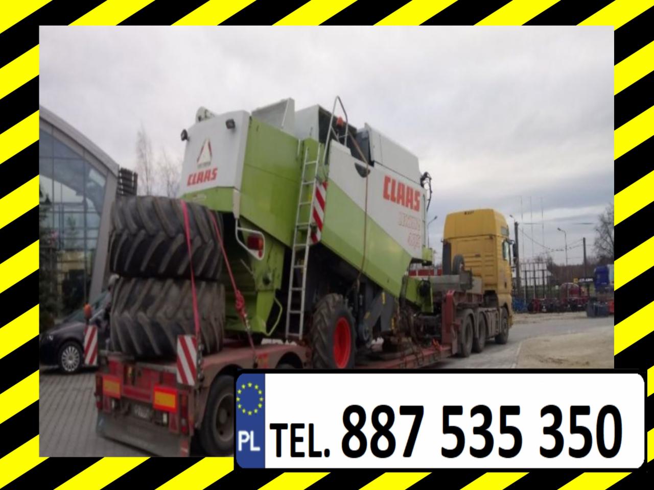 Zielono-biały kombajn rolniczy marki Claas, zabezpieczony pasami transportowymi, przewożony na niskopodwoziowej naczepie ciągniętej przez żółty ciągnik siodłowy; dodatkowo na naczepie umieszczone...