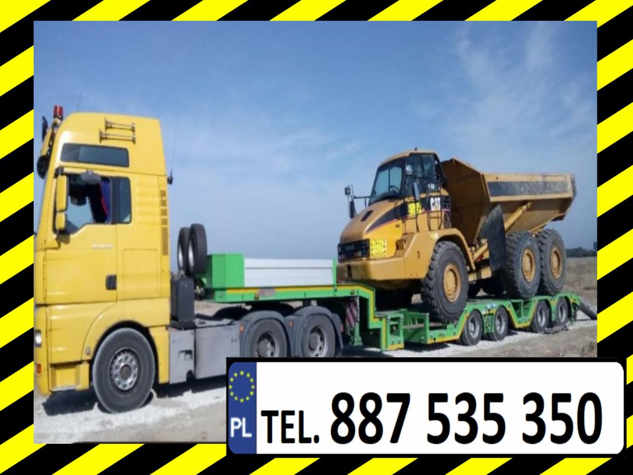 Żółta ciężarówka MAN z naczepą niskopodwoziową przewożąca żółty wozidło budowlane CAT; widoczny numer telefonu.