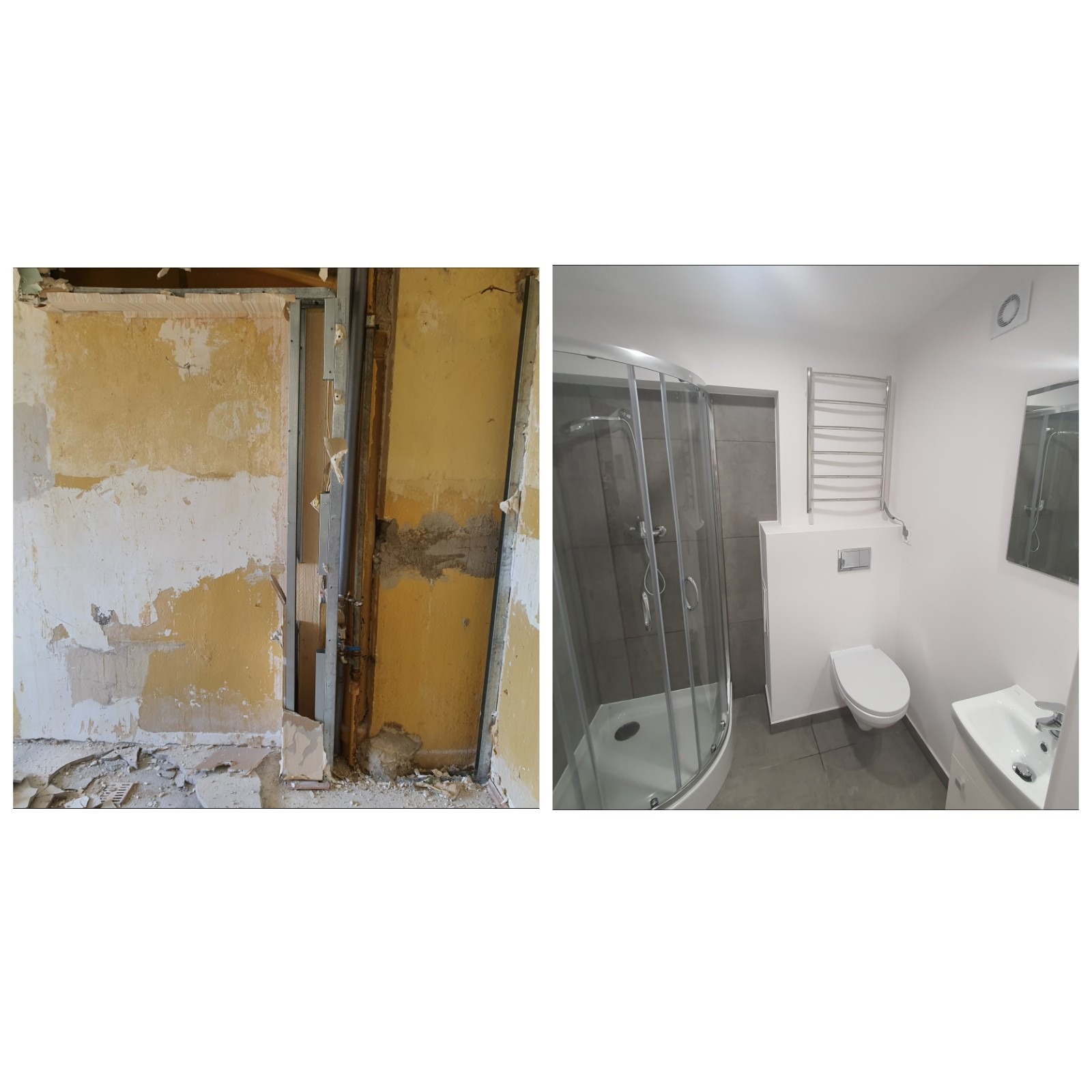 Porównanie łazienki przed i po remoncie: zniszczone ściany z resztkami tapet i gruzem kontra nowoczesna kabina prysznicowa, toaleta, umywalka i grzejnik drabinkowy.