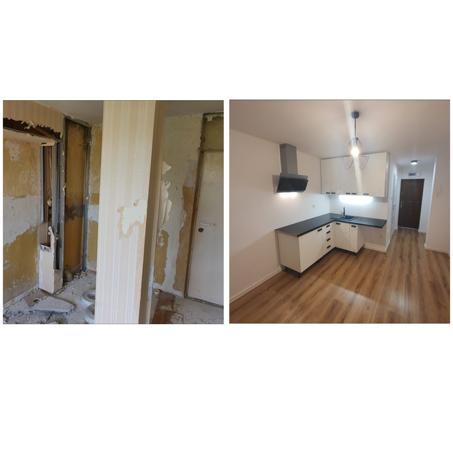 Zdjęcie przedstawia porównanie stanu kuchni przed i po remoncie: po lewej stronie widoczne są ściany z resztkami tapet i uszkodzeniami, a po prawej nowoczesna, biała zabudowa kuchenna z czarnym...