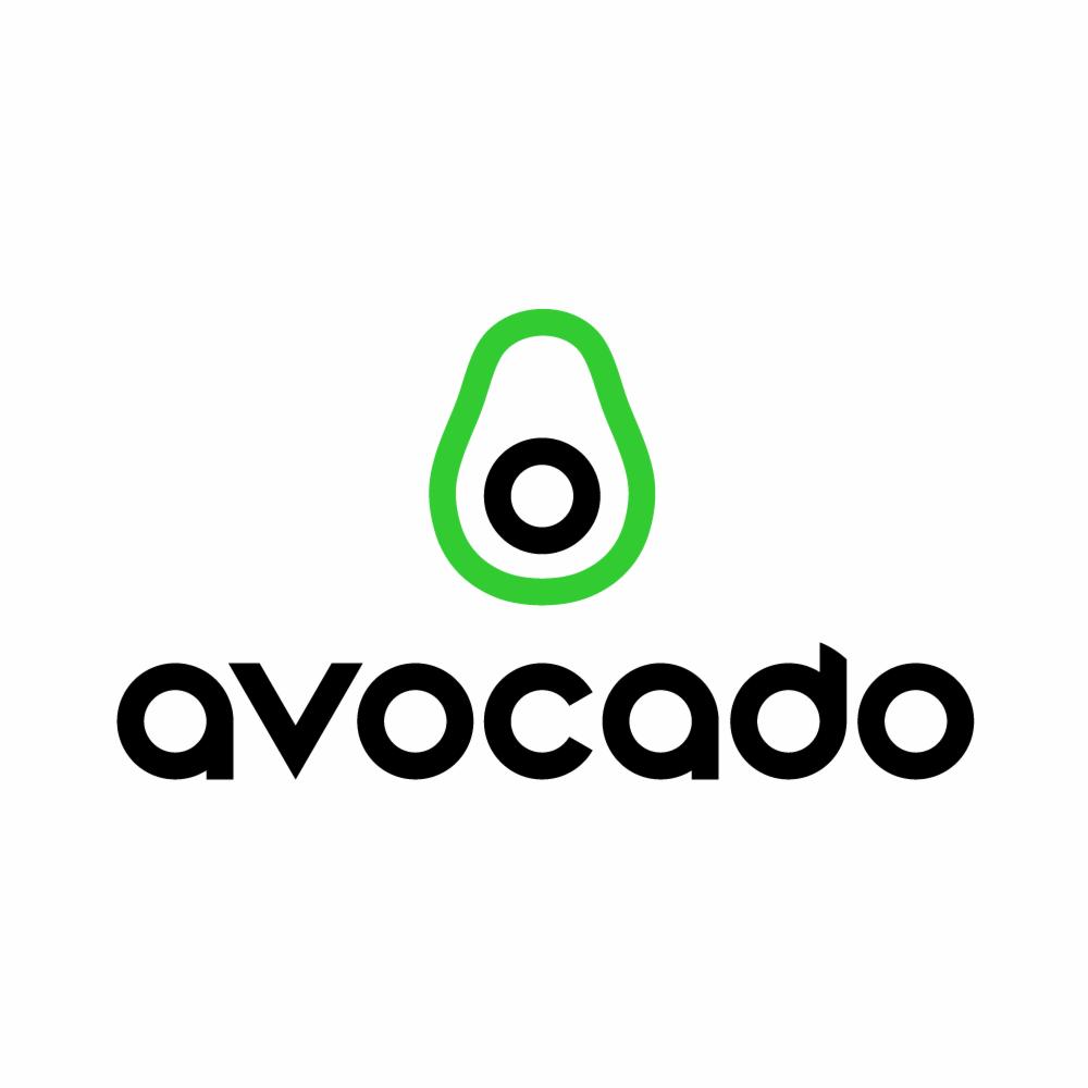 Logo firmy Avocado z zielonym konturem awokado i czarnym napisem 'avocado' poniżej, na białym tle.