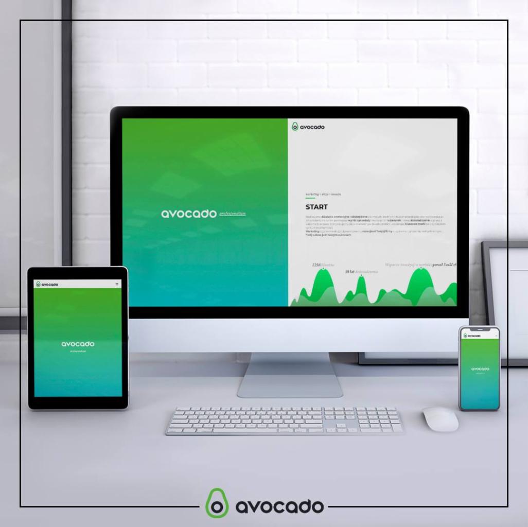 Ekran komputera, tabletu i smartfona prezentujący interfejs aplikacji Avocado z zielonym gradientem i logo, na schludnym białym biurku.