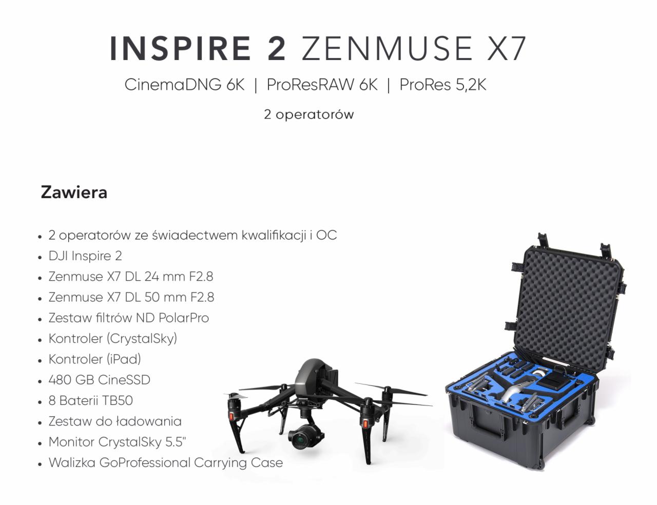 Zestaw do filmowania dronem DJI Inspire 2 Zenmuse X7, zawierający drona, kamerę, kontrolery, baterie, filtry i walizkę transportową.