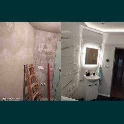 Firma Remontowo-budowlana B-Art - Porównanie stanu łazienki przed i po remoncie: surowe ściany z drabiną i poziomicą versus wykończona łazienka z białymi marmurkowymi płytkami, umywalką z szafką i podświetlanym lustrem.