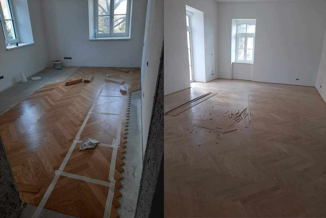 Dzielone ujęcie: po lewej fragment pokoju z częściowo ułożoną parkietową podłogą w jodełkę, zabezpieczoną taśmą malarską, po prawej pokój z ułożoną podłogą, widoczne resztki po montażu i listwy...