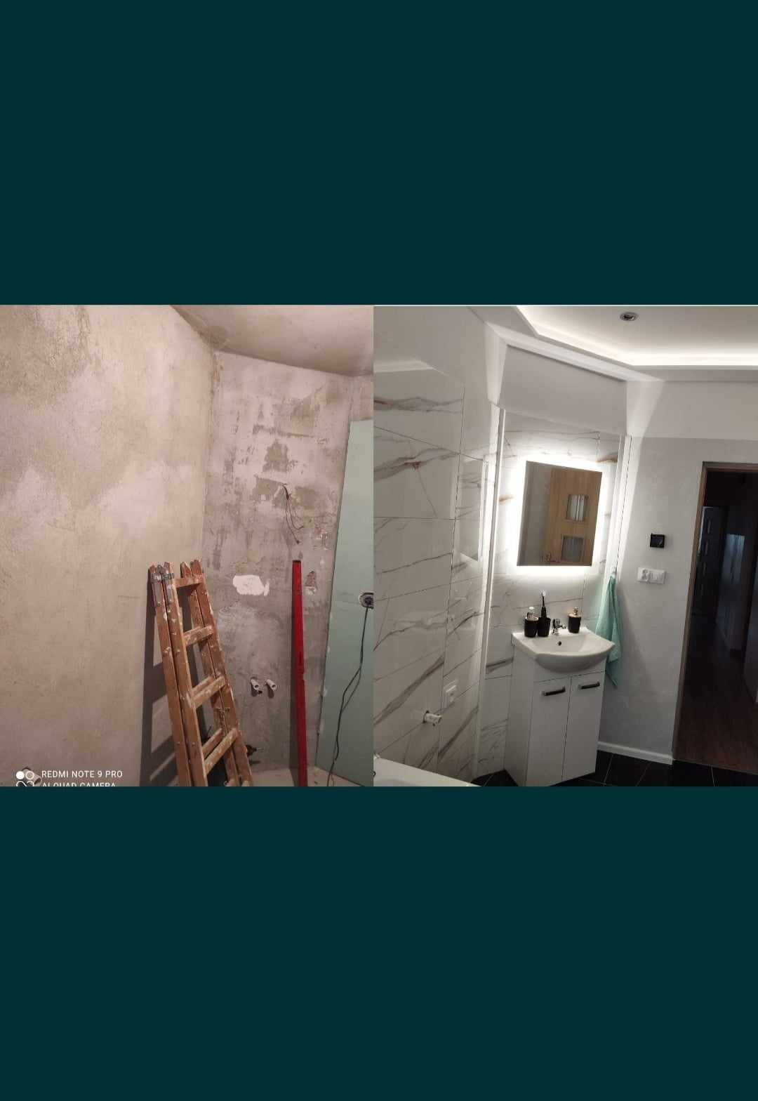 Porównanie stanu łazienki przed i po remoncie: surowe ściany z drabiną i poziomicą versus wykończona łazienka z białymi marmurkowymi płytkami, umywalką z szafką i podświetlanym lustrem.