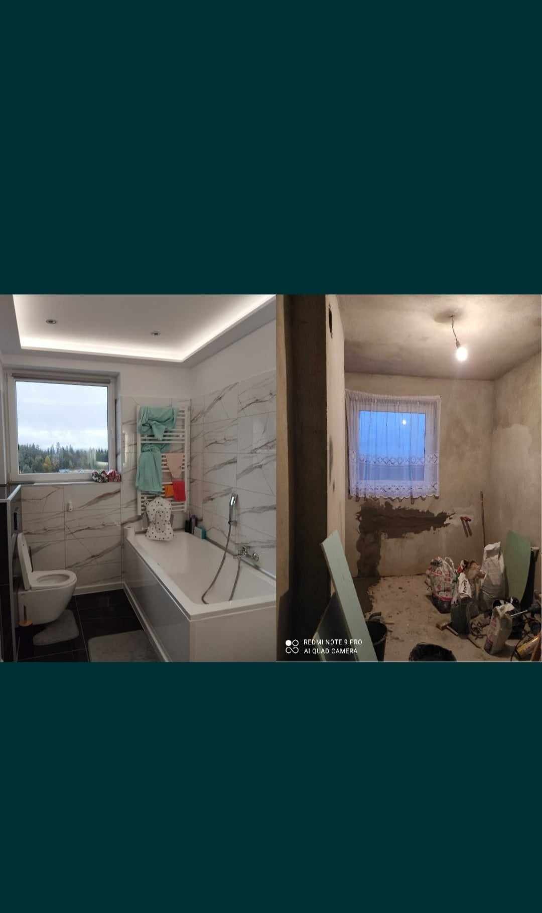 Dzielone zdjęcie łazienki: po lewej wykończona, z białą wanną, toaletą i marmurkowymi płytkami; po prawej w trakcie remontu, surowe ściany, worki z zaprawą i płyta gipsowa.