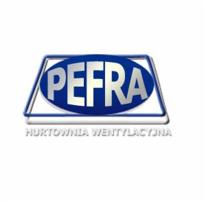 Logo firmy PEFRA, hurtownia wentylacyjna, na białym tle z niebieskim obramowaniem.