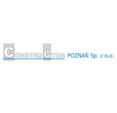 Logo firmy Constructor Poznań Sp. z o.o. z szarymi elementami przypominającymi perforowaną blachę w literach 'C' i 'TOR', połączone cienką, niebieską linią.