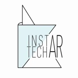 Minimalistyczne logo firmy 'INSTAR TECH AR' z geometrycznym niebieskim tłem i czarnymi liniami, nawiązujące do projektowania technicznego.