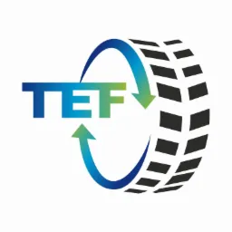 Logo firmy TEF z motywem opony i strzałek cyrkulacji, gradient niebiesko-zielony, na białym tle.