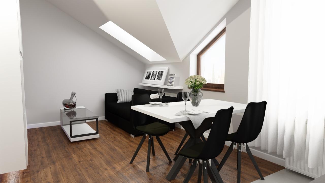 Aranżacja wnętrza poddasza ze skośnym oknem dachowym: biały stół z nakryciem i wazonem kwiatów, czarne krzesła, sofa z poduszką, stolik kawowy z karafką, zdjęcia w ramkach na półce.