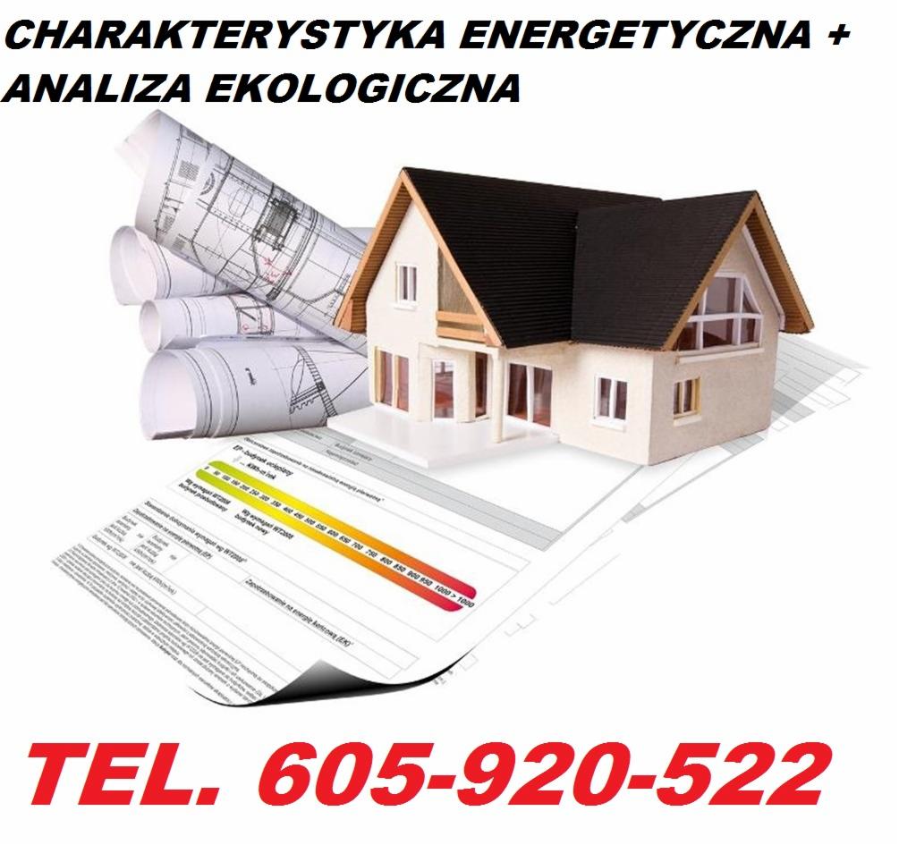 Model domu na tle zwiniętych planów architektonicznych i świadectwa charakterystyki energetycznej, z widocznym numerem telefonu.