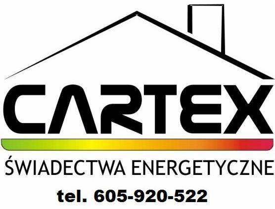 Logo firmy CAR-TEX oferującej świadectwa energetyczne, z grafiką stylizowaną na dom i numerem telefonu.