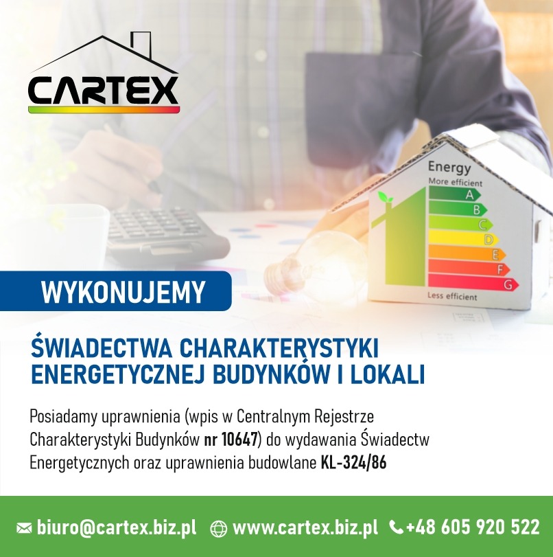 Grafika reklamowa firmy Cartex oferującej świadectwa charakterystyki energetycznej budynków i lokali, z symbolem efektywności energetycznej i żarówką na biurku.
