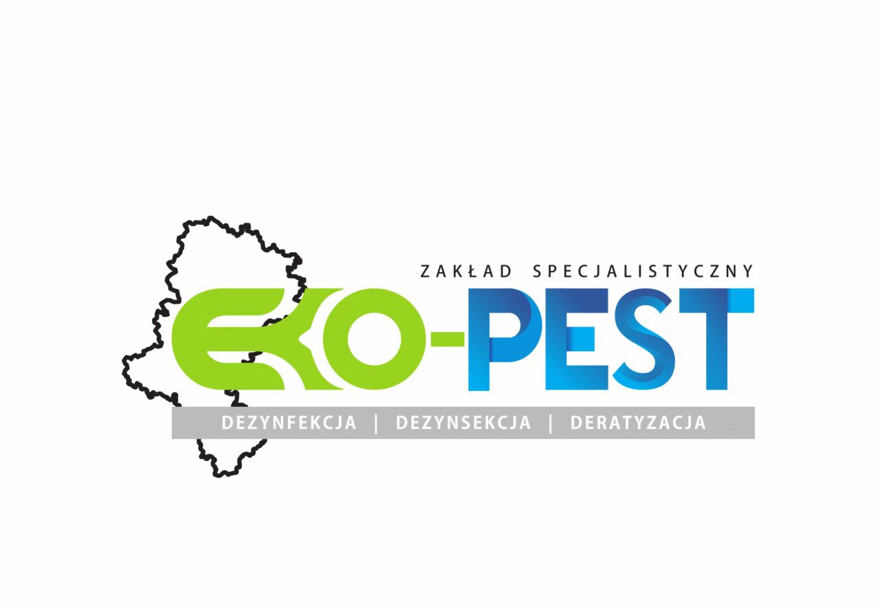 Logo firmy specjalizującej się w usługach DDD: EKO-PEST, z zielonym napisem EKO i niebieskim PEST, pod napisem szary pasek z tekstami: dezynfekcja, dezynsekcja, deratyzacja.