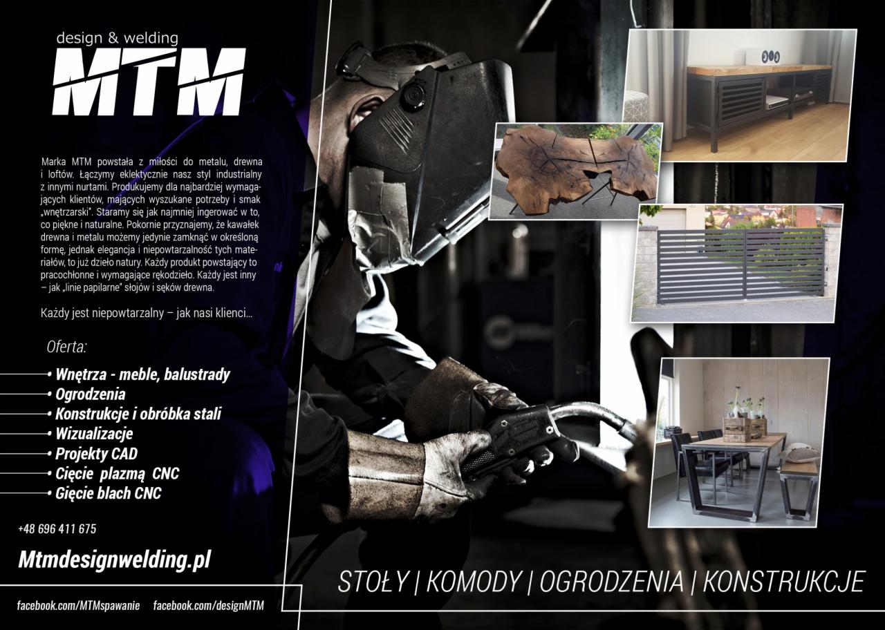 Spawacz w masce ochronnej przy pracy, z widocznymi iskrami i elementami metalowymi, w tle zdjęcia mebli, ogrodzenia i stołu z metalowymi elementami