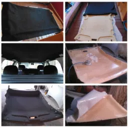 Etapy renowacji podsufitki samochodowej: przygotowanie, szlifowanie, naklejanie nowej tapicerki.