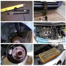 Montaż amortyzatorów, widok na podwozie samochodu, silnik z otwartą obudową, bęben hamulcowy i nowy filtr powietrza.