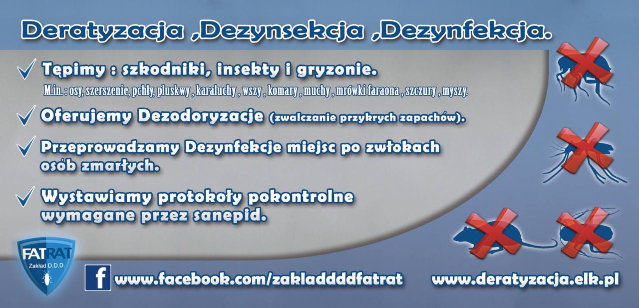 Grafika reklamowa firmy oferującej usługi tępienia szkodników, dezodoryzacji i dezynfekcji miejsc po zwłokach, z logotypem firmy i adresami stron internetowych.