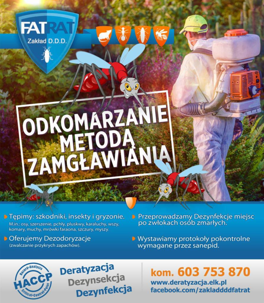 Grafika reklamowa firmy DDD: pracownik w kombinezonie ochronnym z opryskiwaczem na plecach, obok grafiki komarów i napisu 'Odkomarzanie metodą zamgławiania'.