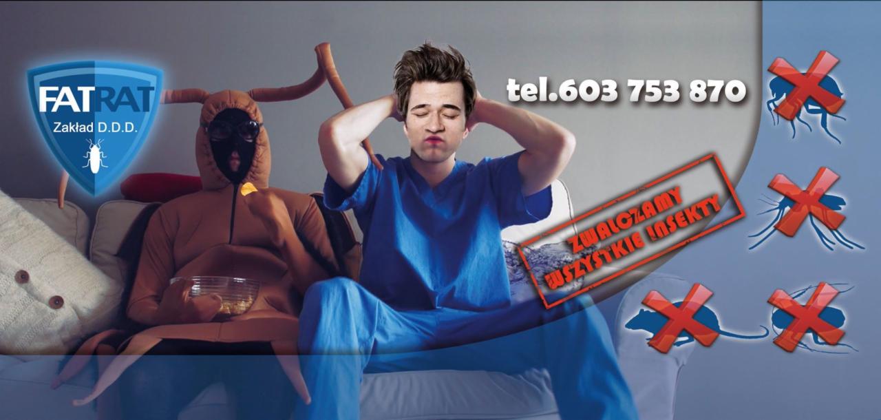 Reklama firmy DDD: osoba w kostiumie owada trzyma miskę z popcornem, a obok siedzi człowiek w niebieskim uniformie, który trzyma się za głowę. W tle logo firmy i przekreślone sylwetki owadów...