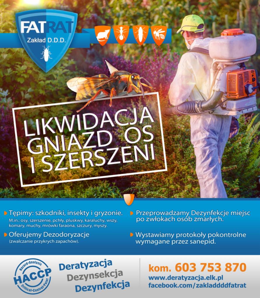 Grafika reklamowa firmy Fatrat Zakład D.D.D. przedstawiająca likwidację gniazd os i szerszeni, z ilustracją szerszenia i pracownika w kombinezonie ochronnym z opryskiwaczem plecakowym.