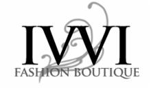 Logo butiku odzieżowego IVVI Fashion Boutique z ozdobnym, szarym ornamentem roślinnym w tle.