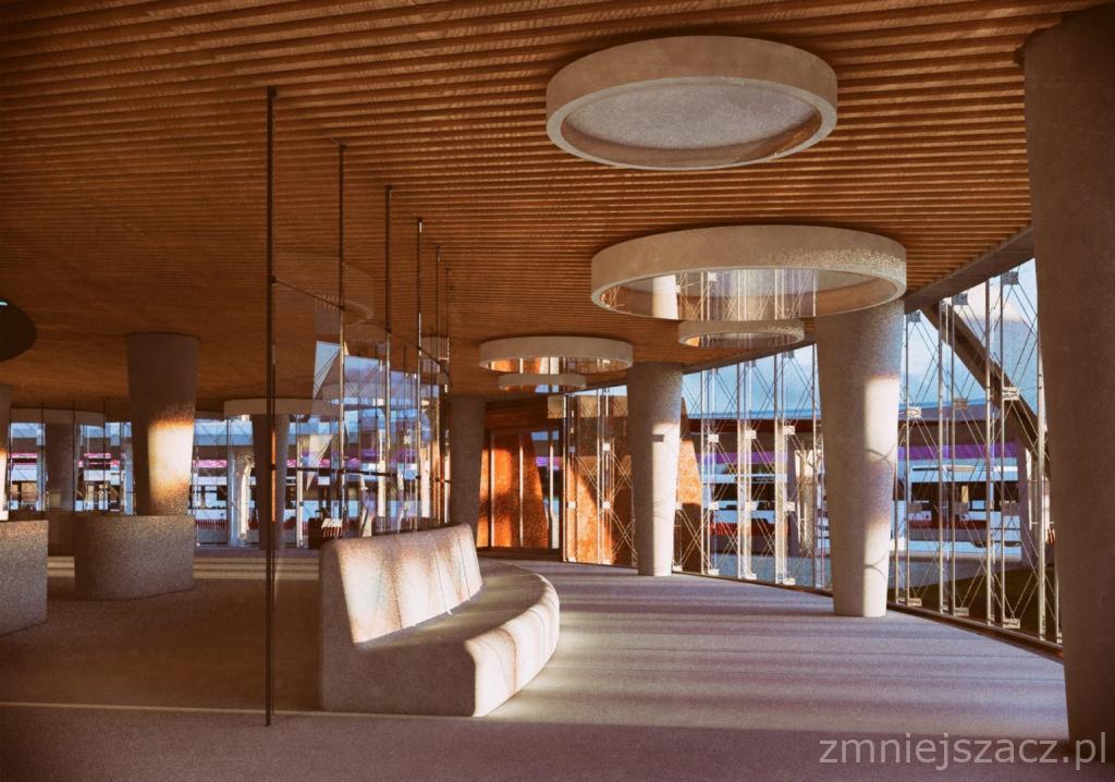 Wnętrze budynku usługowego z drewnianym sufitem, okrągłymi lampami, betonowymi kolumnami i zakrzywioną ławką, widok przez przeszkloną fasadę na zewnątrz.