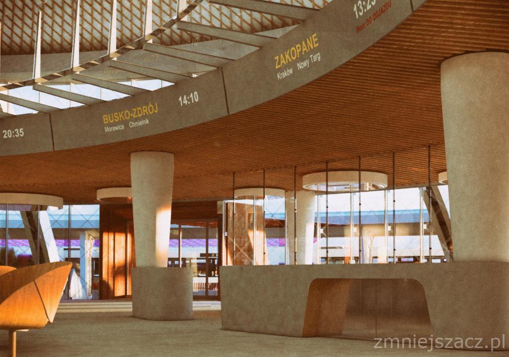 Wnętrze terminalu autobusowego z tablicami informacyjnymi kierunków Busko-Zdrój i Zakopane, minimalistyczne meble, kolumny i oświetlenie, widok z niskiej perspektywy.