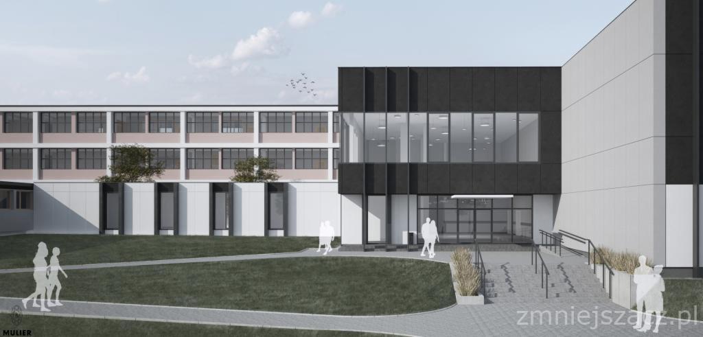 Wizualizacja projektu nowoczesnego budynku usługowego w Kielcach z dużymi przeszkleniami i elementami w kolorze grafitowym, otoczonego zielenią.