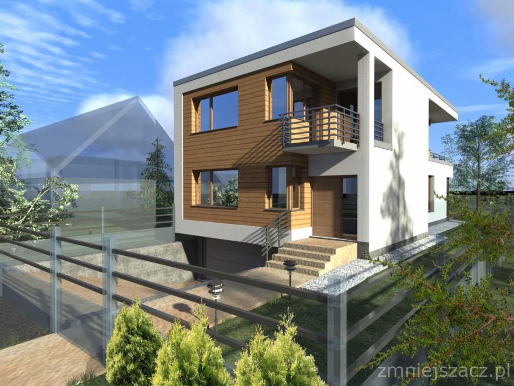 Wizualizacja dwukondygnacyjnego domu z elementami drewnianej elewacji, balkonem z metalową balustradą i zejściem do garażu podziemnego, otoczonego niskim żywopłotem i szklanym ogrodzeniem.