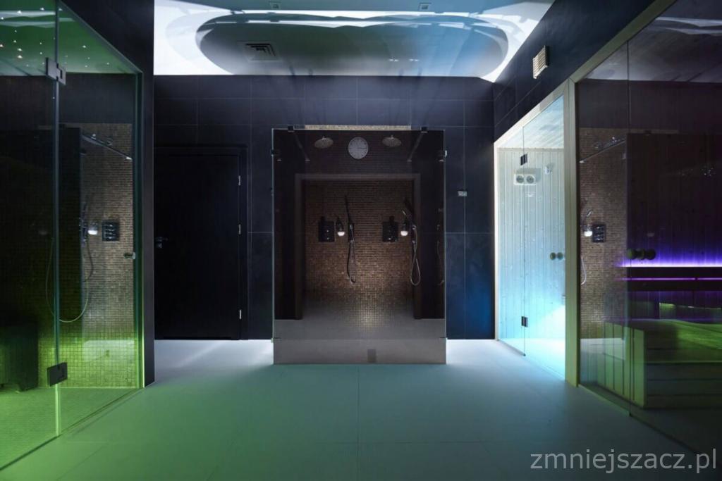 Nowoczesna łazienka z czarnymi płytkami, szklanymi kabinami prysznicowymi i sauną, oświetlona zielonym i fioletowym światłem.