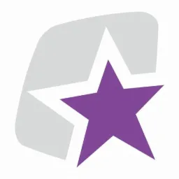 Fioletowa gwiazda na białym tle z szarym elementem w tle, logo firmy.