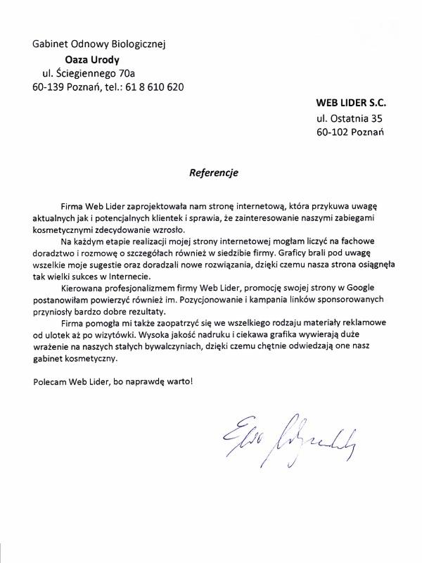 Skan dokumentu z referencjami dla firmy Web Lider, świadczącej usługi projektowania stron internetowych, pozycjonowania i reklamy, z podpisem osoby polecającej.