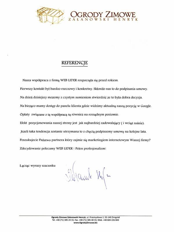 Skan referencji dla firmy Web Lider od Ogrody Zimowe Załanowski Henryk, potwierdzający zadowolenie z efektów pozycjonowania strony i dostępu do panelu klienta z aktualną pozycją w Google.