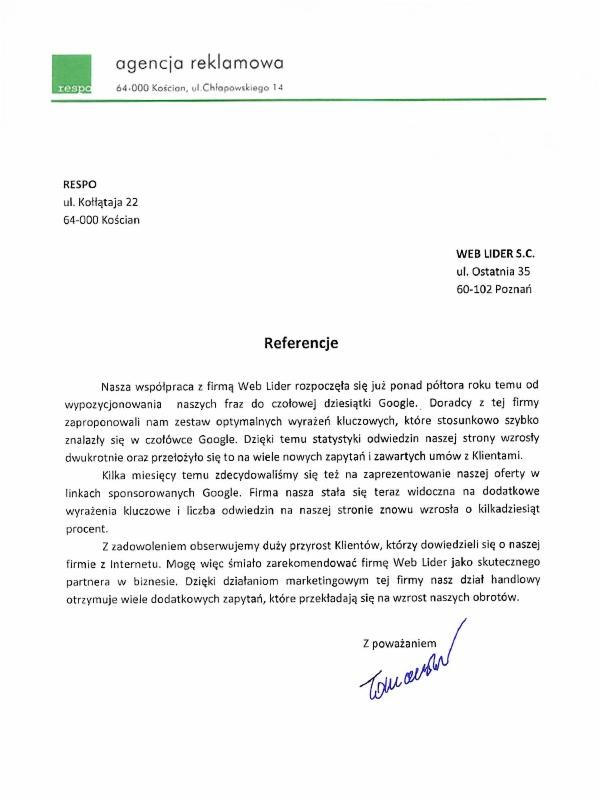 Skan referencji od agencji reklamowej Respo dla firmy Web Lider S.C. z informacją o wzroście statystyk odwiedzin strony i pozyskiwaniu klientów dzięki działaniom marketingowym.