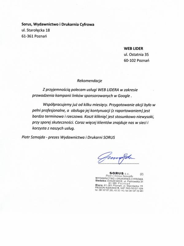 Skan referencji od Wydawnictwa i Drukarni SORUS dla firmy WEB LIDER, polecającej prowadzenie kampanii linków sponsorowanych w Google.