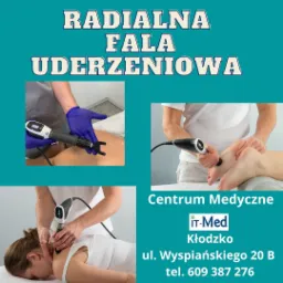 Zestawienie zdjęć z zabiegów radialnej fali uderzeniowej na plecach, nodze i biodrze pacjenta, wykonywanych w Centrum Medycznym IT-Med w Kłodzku.