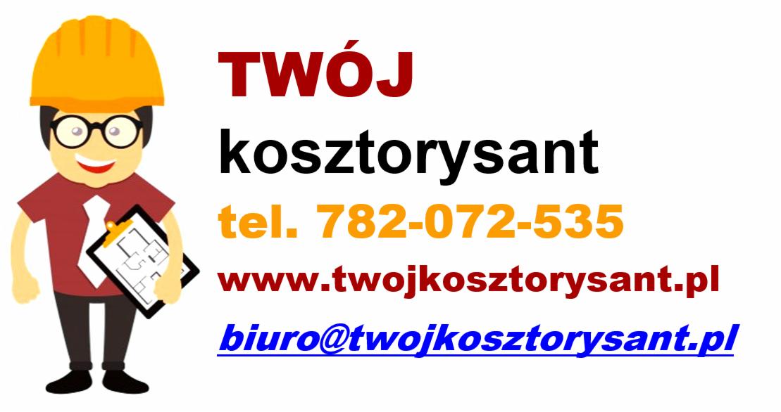 Karykaturalny kosztorysant w kasku z planem budynku, obok dane kontaktowe: Twój kosztorysant, numer telefonu, adres strony www oraz adres email.