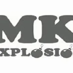 Szare logo firmy MK Explosion z stylizowanymi bombami zamiast liter O.