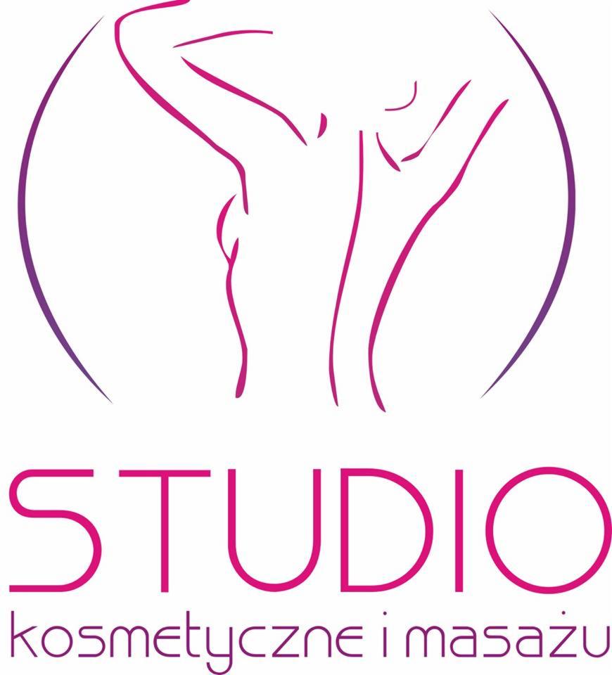Logo studia kosmetycznego i masażu, przedstawiające stylizowaną sylwetkę kobiety w kolorze fuksji.