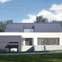 Wizualizacja nowoczesnego domu jednorodzinnego z płaskim dachem pokrytym szarą dachówką, garaż z częściowo otwartą bramą, biała elewacja z dużymi przeszkleniami, otoczenie zieleni.