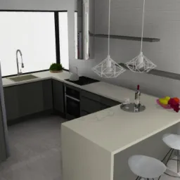 Wizualizacja nowoczesnej kuchni z szarymi szafkami, białym blatem, dwoma hokerami, owocami i butelką wina na blacie oraz designerskimi lampami wiszącymi.